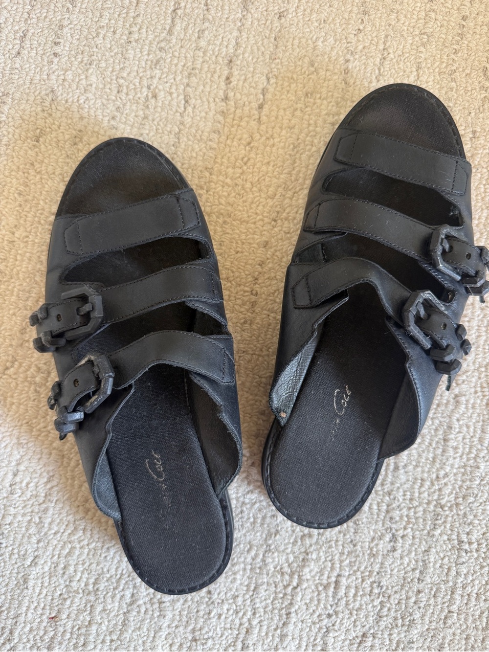Black Triple-Strap Buckle Slide Mules